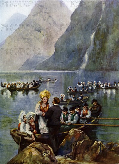 A wedding procession on boats, Norway. Artist: Unknown