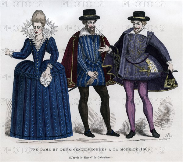 A lady and two gentlemen in French dress of 1605 (1882-1884). Artist: Unknown