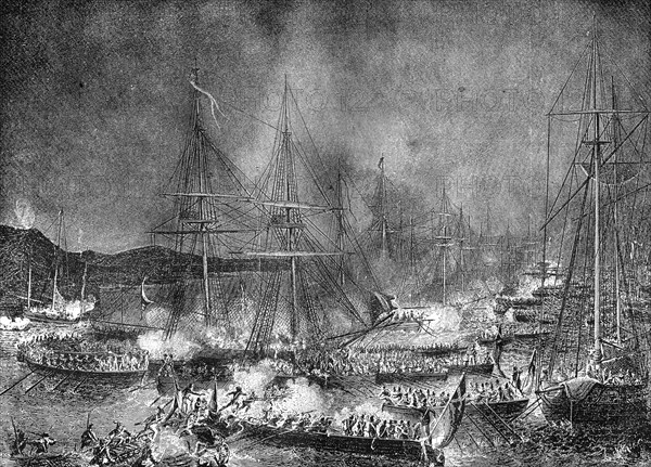 Attack on the French invasion flotilla at Boulogne, France, 15-16 August 1801 (1882-1884). Artist: Unknown