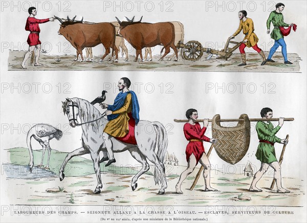 Ploughing, a lord hunting with a bird, a slave, and two servants, 5th-7th century (1882-1884). Artist: Unknown