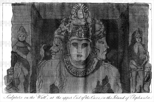 'Sculpture on the Wall at the Upper End of the Cave, Island of Elephanta', India, 1799. Artist: Unknown