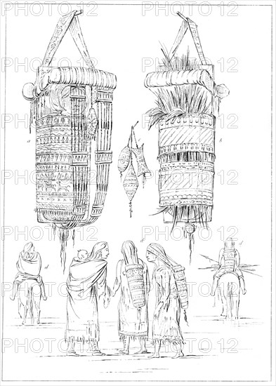 'A Sioux Cradle and Modes of Carrying Their Children', 1841.Artist: Myers and Co