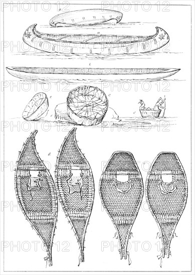 Sioux canoes and Chippewa snowshoes, 1841.Artist: Myers and Co