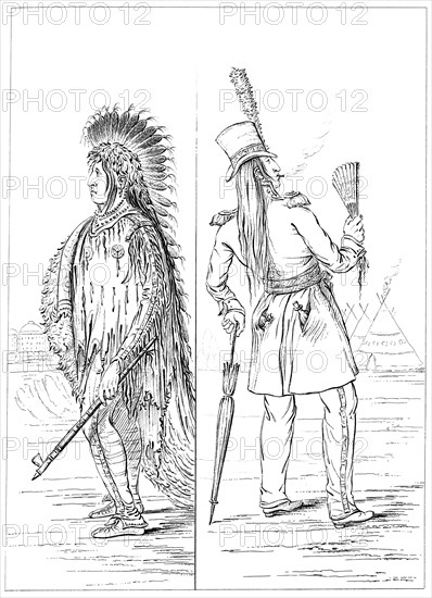 Wi-Jun-Jon in native costume and in regimental uniform, 1841.Artist: Myers and Co