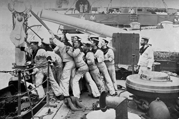 Raising the anchor on the forecastle of the battleship HMS 'Majestic', 1896Artist: Gregory & Co