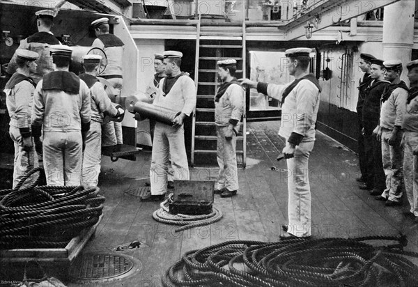 At drill with a 6 inch quick firing gun on board the battleship HMS 'Resolution', 1896.Artist: Gregory & Co