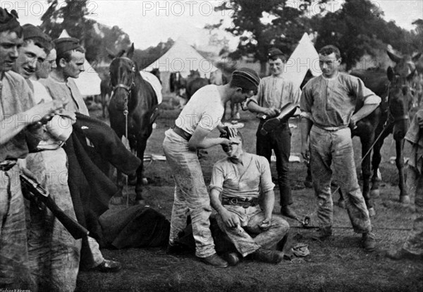 Cavalrymen preparing for Sunday parade, 1896. Artist: Knight