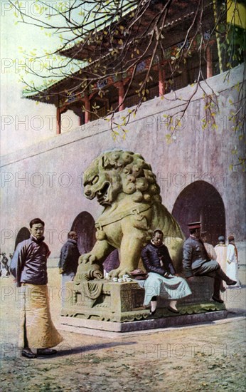 Bronze lion, entrance to the Imperial Palace, Peking, China, c1930s. Artist: Underwood