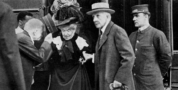 American tycoon John D Rockefeller and his wife arriving at Cleveland, Ohio, 1912 (1951). Artist: Unknown