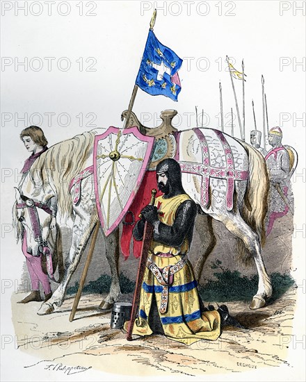 A knight saying a prayer before departing for the second crusade, 1146 (1882-1884).Artist: Deghouy