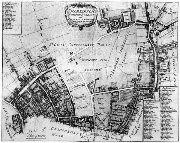 Map of Shoreditch, Norton Folgate and Cripplegate, (1907). Artist: Unknown