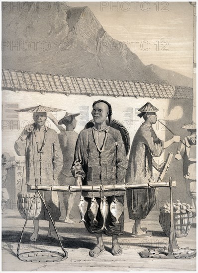 Fishmongers, Victoria Street, Hong Kong, china, 19th century.Artist: M & N Hanhart