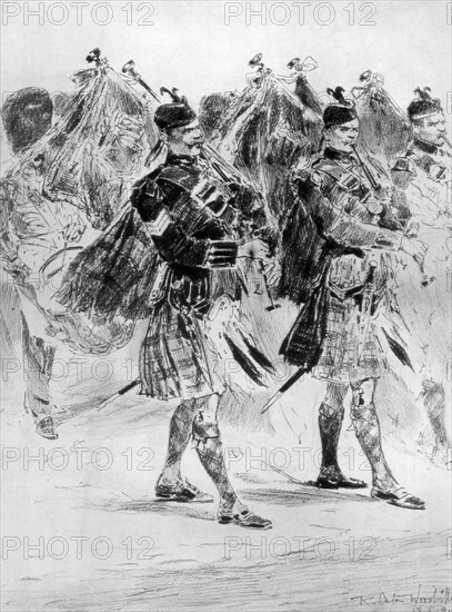 'To the Wail of the Pipes, The Highland Soldiers' Lament', 1910.Artist: Richard Caton Woodville II