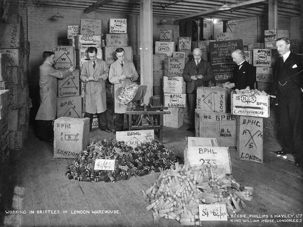 Working with bristles in a warehouse, London, 1938. Artist: Unknown