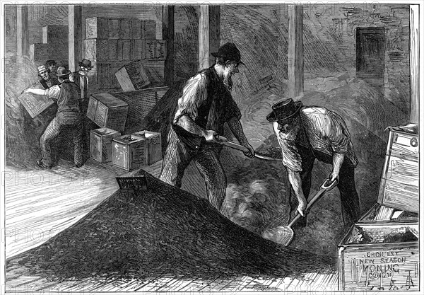 Bulking tea at a tea warehouse, 1874. Artist: Unknown