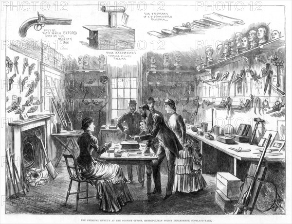 The Criminal Museum at the Convict Office, Metropolitan Police Department, London, 1883.Artist: Swain