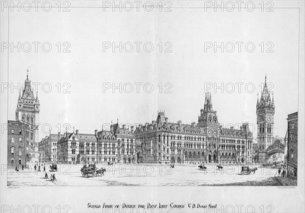 Strand front of design for new law courts, 1867. Artist: E Wimbridge