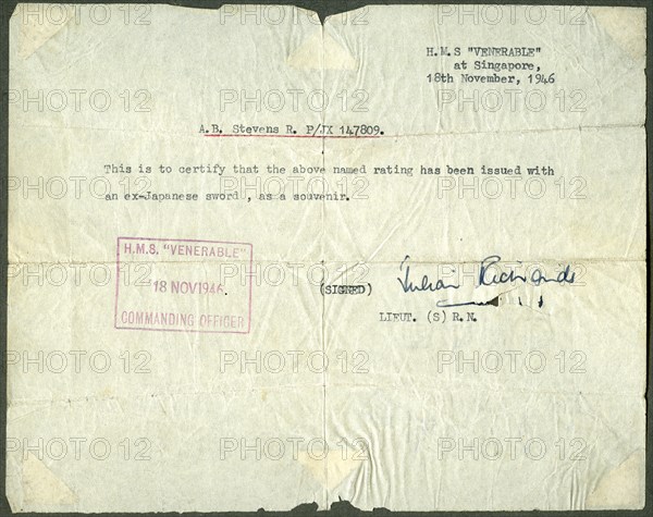 Receipt for a ex-Japanese sword, HMS 'Venerable', Singapore, 1946. Artist: Unknown