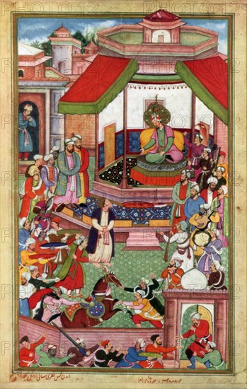 Abu'l-Fazl ibn Mubarak presenting the Akbarnama to Akbar. Artist: Unknown