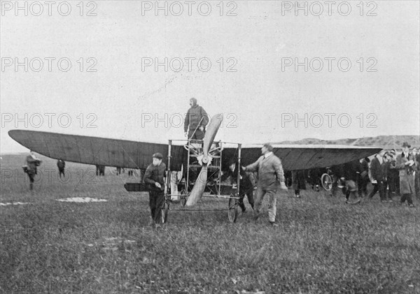 Louis Blériot about to make the first successful flight across the English Channel, 1909. Artist: Unknown