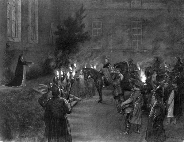 Lady Macbeth welcomes King Duncan at the gates of Macbeth's castle, 1909. Artist: J Simont