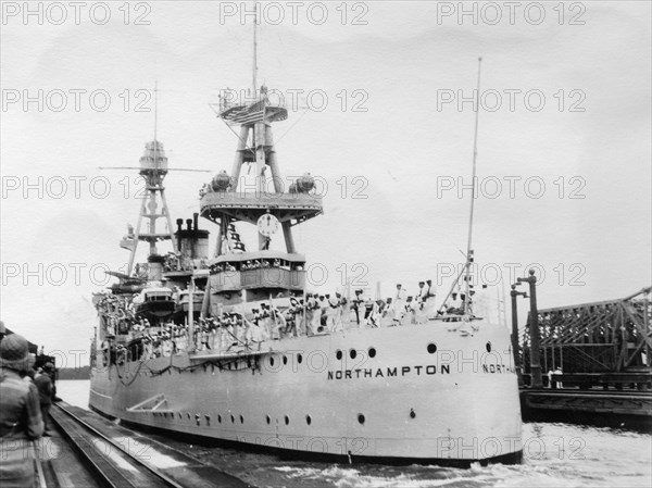 US Navy cruiser USS Northampton (CA-26), Panama Canal, Panama, 1931. Artist: Unknown