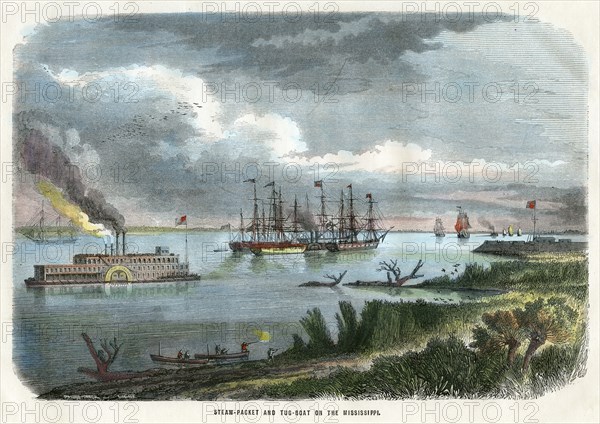 'Steam-packet and tug-boat on the Mississippi', USA, c1875. Artist: Unknown