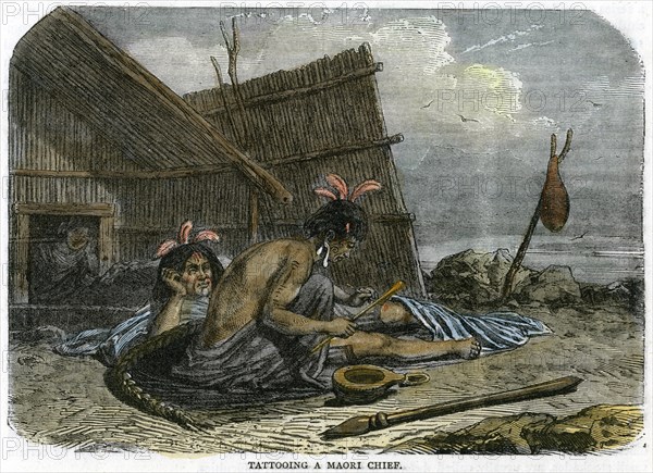 'Tattooing a Maori Chief', New Zealand, c1875. Artist: Unknown