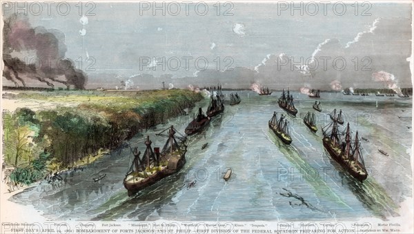 Bombardment of Forts Jackson and St Philip, Louisiana, American Civil War, April 1862. Artist: Unknown