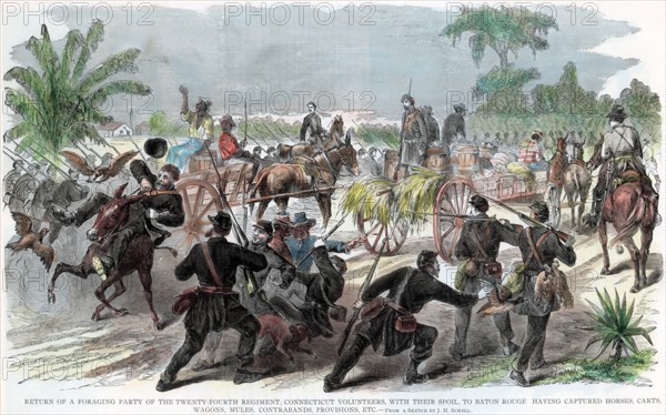 Return of a foraging party to Baton Rouge, Louisiana, American Civil War, c1862. Artist: Unknown