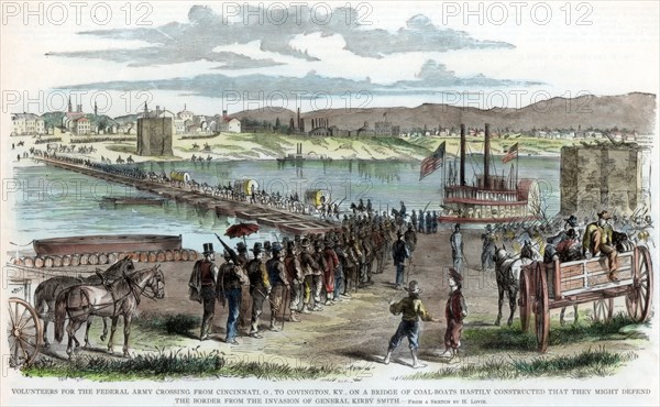 Union volunteers crossing the Ohio River, Cincinnati, Ohio, American Civil War, c1862. Artist: Unknown