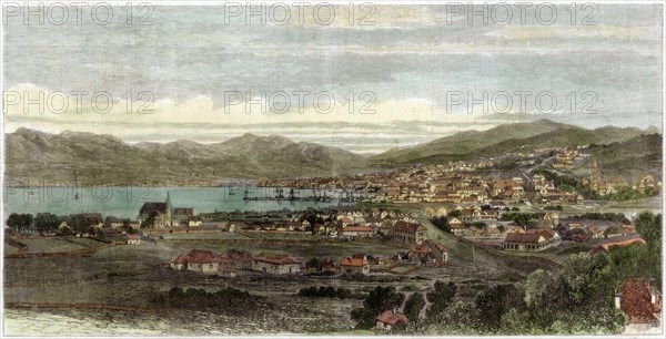 The town and port of Wellington, capital of New Zealand, c1880. Artist: Unknown