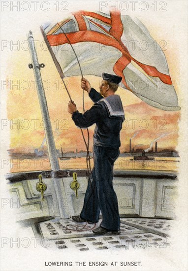 'Lowering the Ensign at Sunset', c1890-c1893.Artist: William Christian Symons