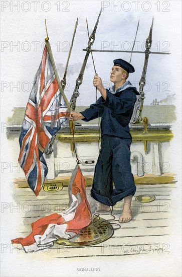 Royal Navy sailor signalling, c1890-c1893. Artist: William Christian Symons