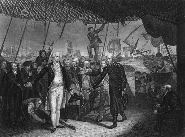 Admiral de Winter resigning his sword on board the 'Venerable', 11 October 1797 (c1857).Artist: H Lemon