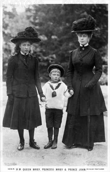 Queen Mary, Princess Mary and Prince John, 1910s.Artist: Ernest Brooks