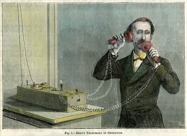 'Bell's telephone in operation', late 19th century.Artist: Gilbert