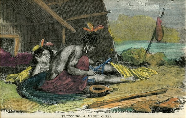 'Tatooing a Maori chief', late 19th century(?). Artist: Unknown