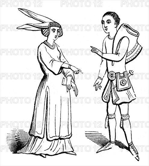 Male and female costume, c1350, (1910). Artist: Unknown