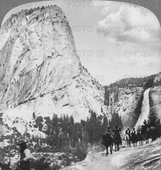 Nevada Falls and Liberty Cap from a trail, Yosemite Valley, California, USA, 1902. Artist: Underwood & Underwood