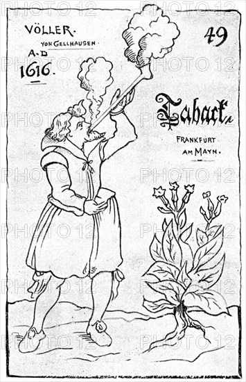 One of the earliest illustrations of smoking, 1616 (1890). Artist: Unknown