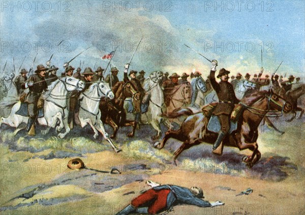 Cavalry charge by US regulars, Spanish-American War, 1898. Artist: Unknown