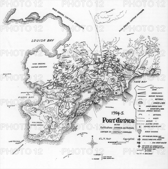 Port Arthur, Manchuria, showing Japanese and Russian fortifications, Russo-Japanese War, 1905. Artist: Unknown