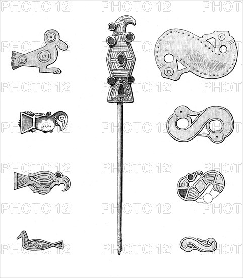 Bird-shaped fibulae, hairpin, and s-shaped fibulae, 1893.  Artist: A Housselin