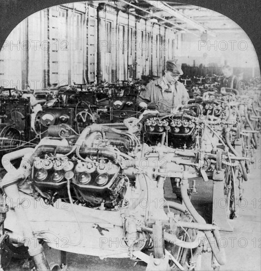 Testing engines in an automobile factory, Detroit, Michigan, USA, 20th century. Artist: Keystone View Company