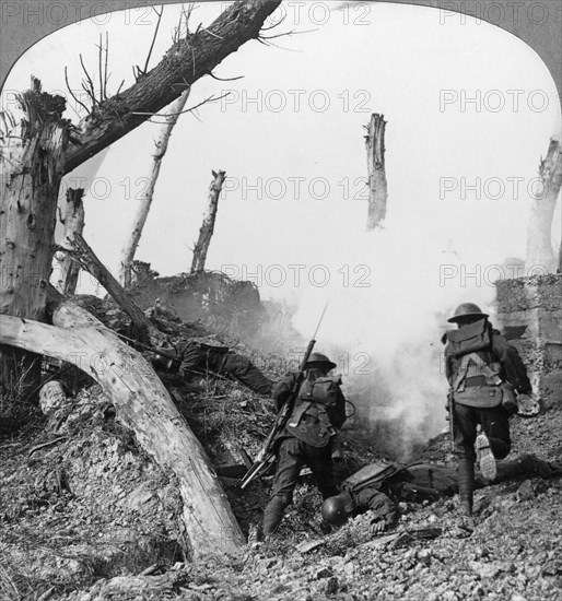 British troops attacking Germans isolated in a captured village, World War I, c1914-c1918. Artist: Realistic Travels Publishers