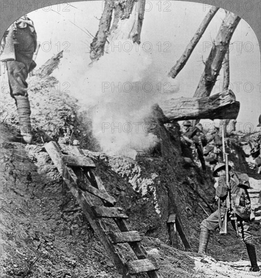 British troops going over the top, Flanders, Belgium, World War I, c1914-c1918. Artist: Realistic Travels Publishers