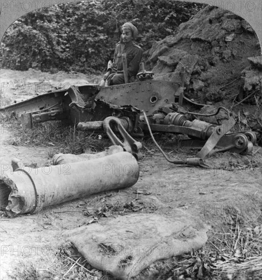 Shattered remains of a luckless howitzer blown up by a direct German hit, World War I, c1914-c1918. Artist: Realistic Travels Publishers