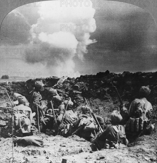 Indian bombers holding an important trench near Neuve Chapelle, France, World War I, c1914-c1918. Artist: Realistic Travels Publishers