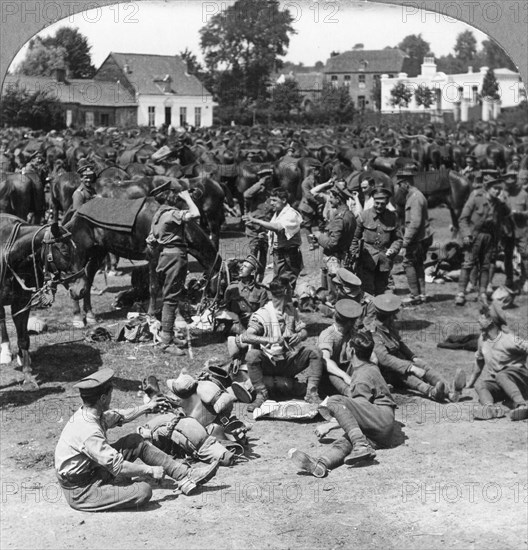 British cavalry troops resting in a French village, World War I, c1914-c1918. Artist: Realistic Travels Publishers